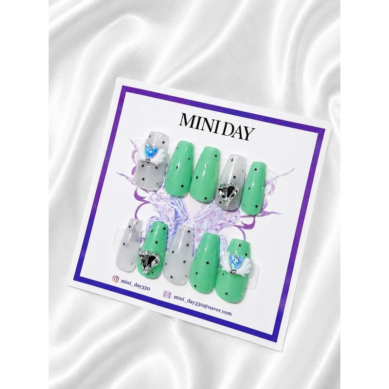 Mint Angel Heart Handmade Nail Tips - Stiletto / 민트