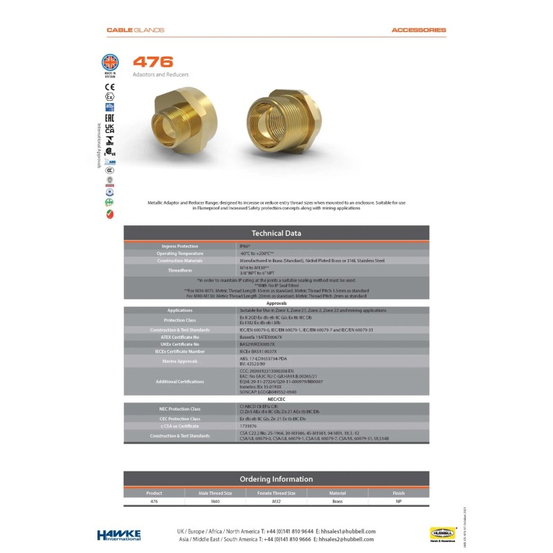 HAWKE 476/3/4NPT/M20 Exd Brass Nickel Plated Adaptor 3/4" NPT Male