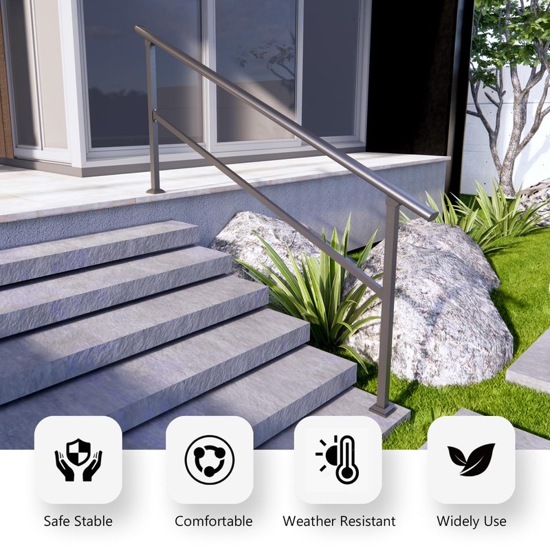 DIYHD 7 Step Handrail for Outdoor,Powder Coated Iron Stair Railing,Black