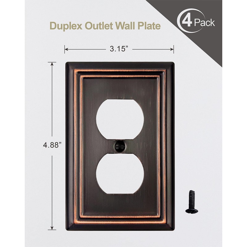 ZILLSEA 4-Pack Duplex Wall Plates, Aged Bronze Outlet Covers, Metal