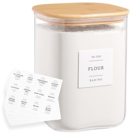 Large glass flour and sugar containers with 132 Kitchen Pantry Labels - 110 oz Glass Food Storage Containers with Airtight Lids - Square Glass Jars with Bamboo Lids for Rice, Pasta, Cookies, grain