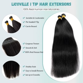 Light Yaki Straight I Tip Hair Extensions Human Hair, Natural Black I Tip Extensions Real Human Hair 14 Inch Cold Fusion Remy Hair Extension Yaki Straight I Tips for Black Women 100 Strands 50Grams