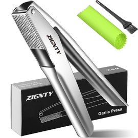 ZIGNTY Premium Garlic Press No Need to Peel, Garlic Mincer Stainless Steel, Dual Lever-Assisted Garlic Crusher with Large Chamber, Professional Garlic Masher Presser, Easy Clean & Dishwasher Safe