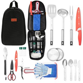 Camping Utensils Set, 21pcs Camp Cooking Kit with BBQ Tools, Knife Set & Spice Kit – Heat-Resistant Cutting Board, Dishwasher-Safe Cutlery for Outdoor, Hiking, Backpacking