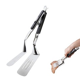 Jrsoul He Kitchen Cooking Tongs 11.6 inch 304 Stainless Steel Grill Clamp Spatula for Flipping Bread Steak Fish Toast-Sliding Buckle Push Pull Design Barbecue Food Clip Black