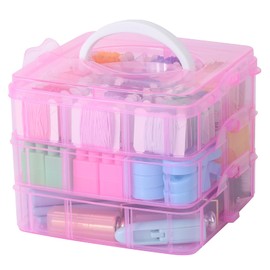 Segbeauty Sorting Boxes for Small Parts, 15 x 15 x 13 cm Storage Container with Lid, 3 Layers Ironing Beads Storage Box with Carry Handle, Screw Box Adjustable, Diamond Painting Case (Pink)