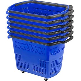 Mophorn 6PCS Shopping Carts, Blue Shopping Baskets with Handles, Plastic Rolling Shopping Basket with Wheels, Portable Shopping Basket Set for Retail Store