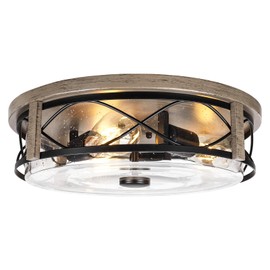 16 Inch Farmhouse Flush Mount Ceiling Light With Seeded Glass, 3-Light Wood Grain Round Lamp, Modern Large Indoor Outdoor Lighting for Kitchen Bedroom Living Dining Room