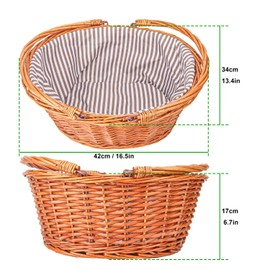 Geytetqi Large Wicker Picnic Basket with Double Folding Handles and Grey Lining, Wicker Basket, Large Willow Hamper, Handwoven Basket for Storage, Picnic, Camping
