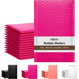 HBlife 50Pcs Hot Pink Bubble Mailers, 4x8 Inches Self Seal Hot Pink Poly Mailers, Padded Envelopes Shipping Bags Packaging for Small Business