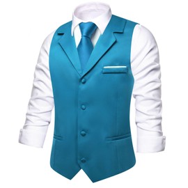 Hi-Tie Teal Blue Suit Vest For Men Business Casual Waistcoat With 3 Pockets For Wedding or Tuxedo Vest V-Neck