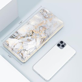 portafolios pequeña y compacta con bolsillo de piel auténtica con bloqueo de RFID para mujer, con ventana de identificación, Mármol gris blanco, Long（ 7.48" x 0.40" x 3.85" ）, Minimalista