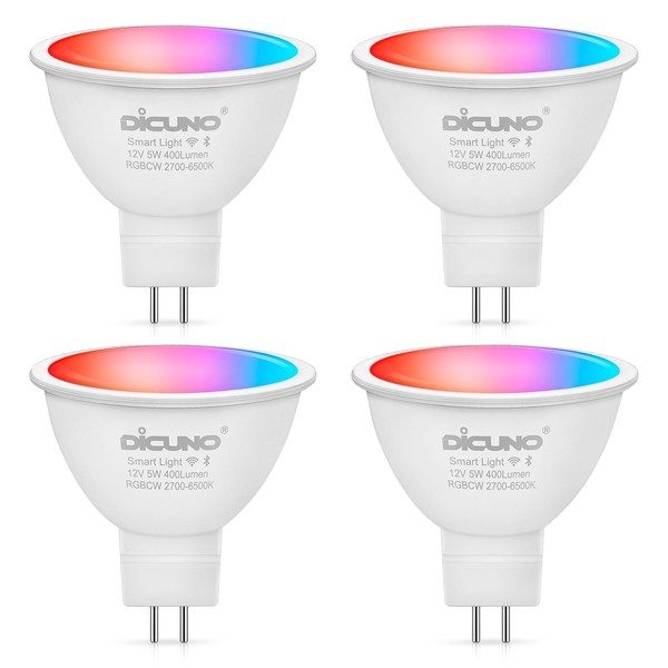 DiCUNO Smart Bulb, GU5.3 Base, LED Bulb, 5W, 400 lm, Dimmable Color, Alexa Google Compatible, Light Bulb, Daylight, Multicolor, 16 Million Colors, RGBCW, Wide Distribution, Wi-Fi Bluetooth Connection, No Hub Required, Pack of 4