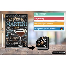 Schilderkreis 24 - Tin Signs Cocktail Recipe "Espresso Martini" Decorative Metal Sign for All Bar Counter or Pub Owners Gift for Birthday or Christmas 20 x 30 cm