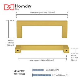 homdiy 3-1/2 Inch Gold Cabinet Handles 40 Pack Brushed Brass Kitchen Pulls Square Hardware for Cupboard,Bathroom 10" Hole Centers