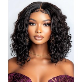 FASHION IDOL Short Curly Human Hair Bob Wigs for Women Wear and Go Deep Wave Lace Front Wig Middle Part Shouder Lenth Wig Pre plucked with Baby Hair Natural Black 150% Density