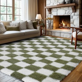 Ecoshag Soft Rugs for Living Room, 3x4.6 Ft Green and White Checkered Fluffy Shaggy Rugs for Indoor Use, High Pile Ultra Fuzzy Rug for Bedroom Kids Nursery Rooms,Home Decor Aesthetic