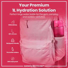 Ion8 1 Litre Water Bottle, Leak Proof, Flip Lid, Carry Handle, Rapid Hydration, Dishwasher Safe, BPA Free, Contoured Grip, Ideal for Travel, Gym & Activity, Carbon Neutral Recyclon, 32 oz, Pink