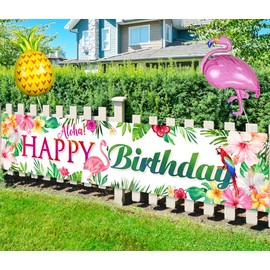 Large Hawaiian Aloha Happy Birthday Banner Luau Party Decorations Tropical Flamingo Birthday Banner Yard Sign for Indoor Outdoor Hanging Supplies Decor with Flamingo Pineapple Balloons