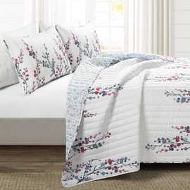 Lush Decor Mirabelle Watercolor Floral Reversible 3 Piece Quilt Set, Full/Queen, Blue & Coral