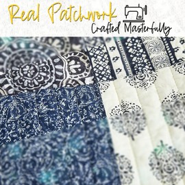 DaDa Bedding Denim Blue Elegance Patchwork Floral Bedspread Set - 100% Cotton Boho Chic Lightweight Quilted Coverlet - Striped Paisley Medallion Squares Ivory Navy Quilt - Queen - 3-Pieces