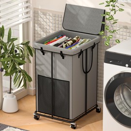 YKDIRECT 150L Large Laundry Hampers with Lid, Oxford Fabric Laundry Hampers, Metal Frame and Removable Bag Design with Wheels, Suitable for Bedroom, Bathroom, Dorm Room, Laundry Room (Grey Lid)