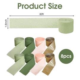 8 Rolls Crepe Paper, Peach Pink Bean Green Ink Green Gold Crepe Ribbons Pastel Colours Streamers Decoration for Wedding, Engagement Party, Birthday Party, Boho Baby Party, Party Decoration (4.5 cm x