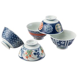 Hasami Ware 20635 Rice Bowl, Approx. 4.7 inches (12 cm), Set of 5, Dyed Brocade Pattern, Made in Japan