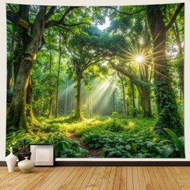 Musihy Forest Tapestry, 240 x 220 cm, Natural Forest Landscape, Wall Hanging Decoration for Living Room, Bedroom & Dormitory, Green