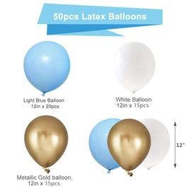 Blue Gold White Latex Balloons, 50 Pack 12 Inches light Blue Balloons Helium Balloons for Boys Baby Shower Birthday Bridal Shower Wedding Party Decorations Supplies