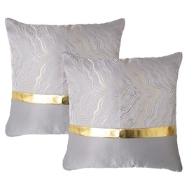 Home Luxe Premium Quality Comfortable Pillow Covers Cushion Covers with High End Embroidery for Couch Cushion Livingroom 17.7 x 17.7 inch (Pack of 2 pcs) (Silver Waves with Golden Strap)