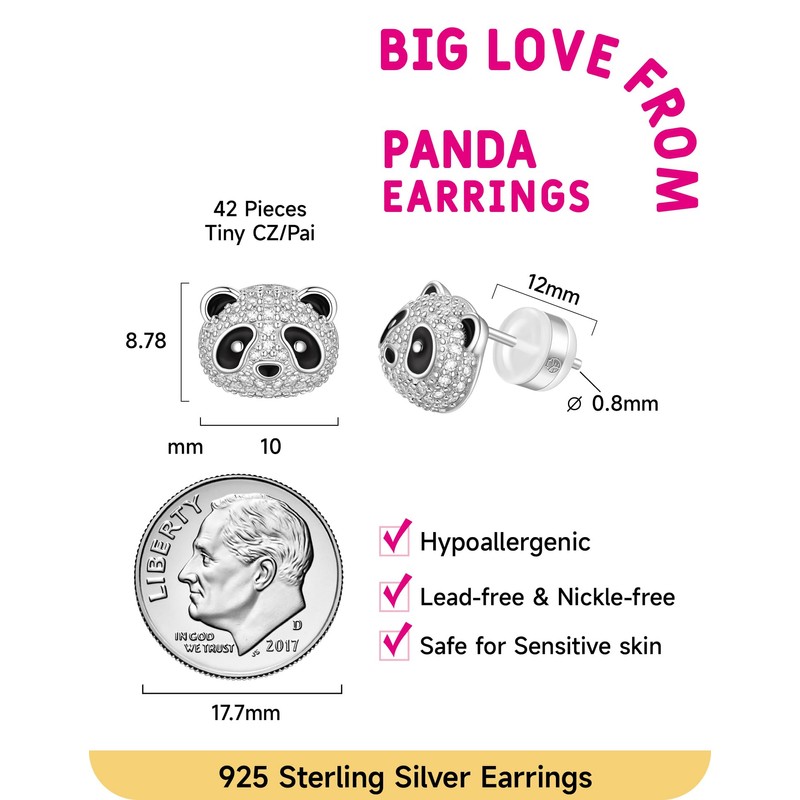 Panda Earrings, Women's, Cute Panda Earrings, Silver, Hypoallergenic, Zirconia, Birthday,