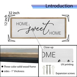FZMHASLWW Living Room Wall Decor Home Sweet Home Sign 32"×12" Farmhouse Family Horizontal Plaque for Entryway Large Rustic House Modern Minimalist Wood Framed Wall Hanging Art (Wood)
