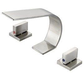 Brushed Nickel Bathroom Faucet 3 Hole,Ultrathin Low Arc 8 inch Widespread Bathroom Sink Faucet,Waterfall Bathroom Faucet,2-Handle Modern Vanity Faucet with Hot and Cold Water Supply Hoses