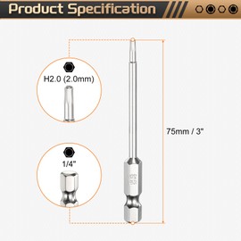 HARFINGTON 2pcs H2.0 Hex Head Screwdriver Bit 2.0mm Metric Flat Tip 1/4" Hex Shank 75mm (3") Long Magnetic Hexagonal Screw Drill Bit Wrench Chrome Plated Power Driver Socket