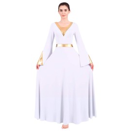 Women Metallic Color Block Liturgical Praise Lyrical Dance Dress Bell Long Sleeve Church Dancewear Gown Worship Costume