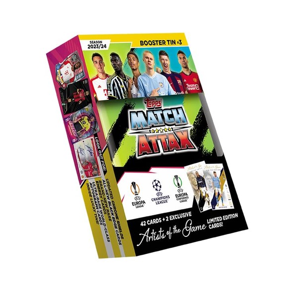 Topps Match Attax 23/24 Booster Tin 3 Contains 42 Match Attax Cards Plus 2 Exclusive Limited Artists of The Game Cards