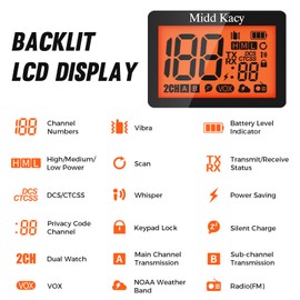 Midd Kacy MK108 Walkie Talkies,2 Way Radio Long Range,60 Channel GMRS Radio with 121 Privacy Codes,IP55 Waterproof,SOS,NOAA Weather Alerts,VOX,Dual Watch(Black/Orange,2 Pack)
