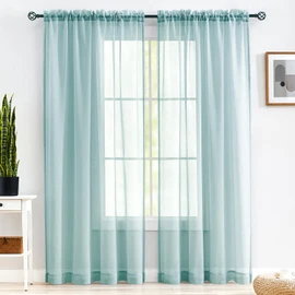 MYSTIC-HOME Sheer Curtains 84 Inches Long, Rod Pocket Sheer Drapes for Living Room, Bedroom, 2 Panels, 52"x84", Semi Crinkle Voile Window Treatments for Yard, Patio, Villa, Parlor, Grey Teal
