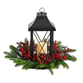 16in. Holiday Christmas Berries, Pinecones and Greenery with Lantern and Included LED Candle Artificial Table Arrangement