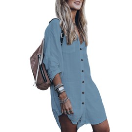 Women’s Swimsuit Cover up,Silky Button Down Shirt Midi Dress Kimono,Summer Bathing Suit Beach Coverups for Women (CP-Aline) (Blue, Small)