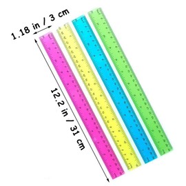 RTRTGS Pack of 4 30 cm Plastic Ruler, Colourful Transparent Ruler with Centimetres and Inches for School, Office, Home