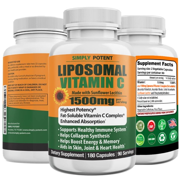 Liposomal Vitamin C 1500mg, 180 VIT C Capsules, Stronger Supplement Than Liposomal Vitamin C 1000mg or Vitamin C 500mg, High Dose Ascorbic Acid Vitamin C Antioxidant for Collagen Immune Support Heart