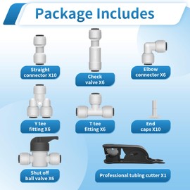Sweezwon 51Pcs 1/4" Quick Connect Water Line Fittings Kit, Push to Connect Fittings (Ball Valve, Check Valve, T, L, Y, I & Professional Tubing Cutter) for RO/DI, Refrigerator, Ice Maker