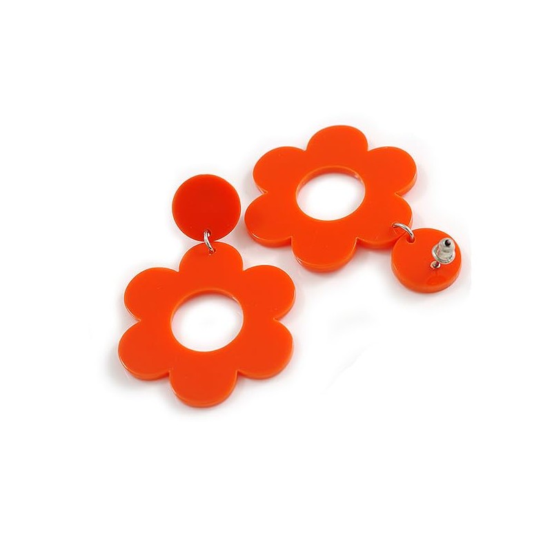 Orange Plastic Open Cut Flower Drop Earrings - 55mm Long