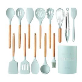 Country Kitchen Non Stick Silicone Utensil Set with Rounded Wood Handles for Cooking and Baking, 14 Piece Set, Mint