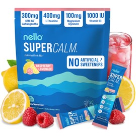 Nello Supercalm - Mezcla de bebida en polvo, reductor de cortisol y ayuda para dormir, L Teanina, Ashwagandha Ksm-66, Magnesio Glicinato, Vitamina D3, Sin azúcar, Sin GMO, Para llevar, 20 unidades