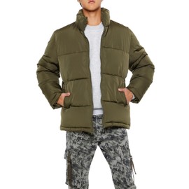 Forever 21 Men's Quilted Funnel-Neck Puffer Jacket, Olive