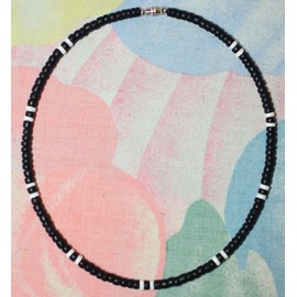 Native Treasure Black Coco Wood White Clam Heishe Puka Shell Surfer Necklace from The Philippines - 5mm (3/16")