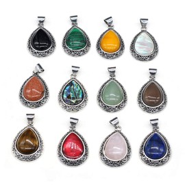 LHJ 4 Pcs Natural Stone Pendants Waterdrop Shape Mixed Crystal Agate Stone Charms Hollow Alloy Base for Jewelry Making Necklace Earrings